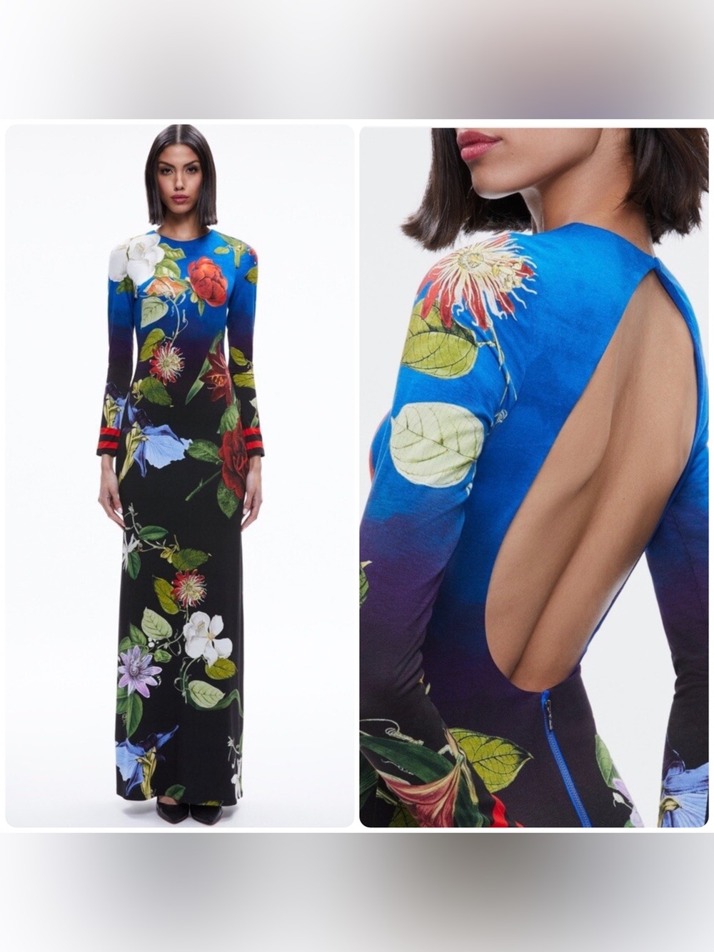 Alice + Olivia Delora Blue & Black Floral Open-Back Maxi Dress 6